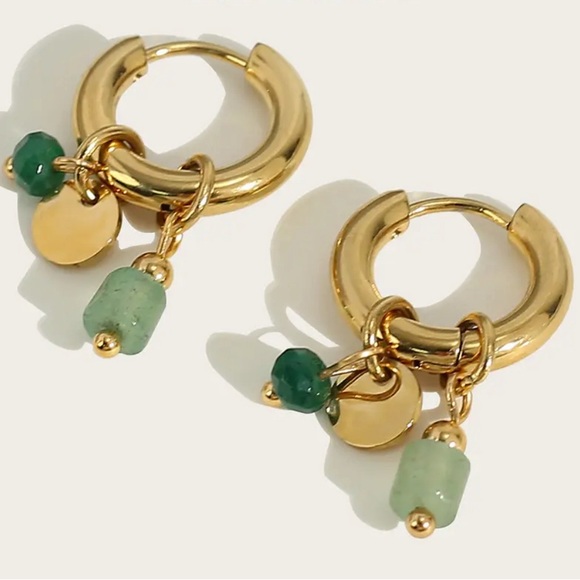 18K Gold Plated Stainless Steel Hoop Earrings Green Beads - Picture 2 of 5
